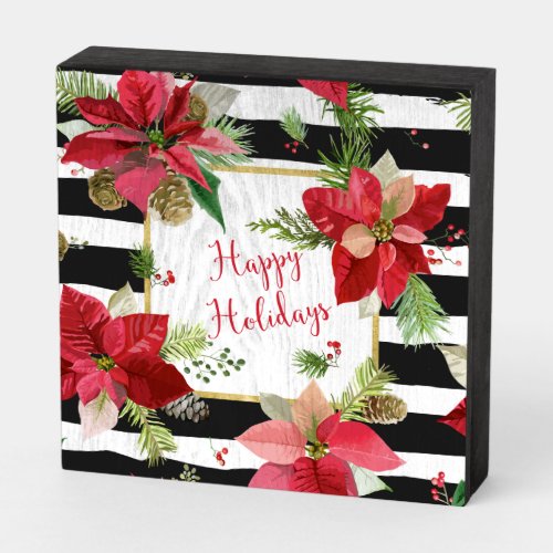 Happy Holidays Bold Stripes Poinsettias 2 Wooden Box Sign