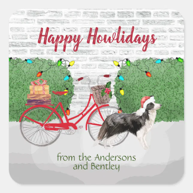 Happy Holidays Border Collie Red Bicycle Square Sticker | Zazzle