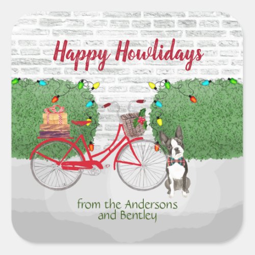 Happy Holidays  Boston Terrier Red Bicycle  Square Sticker