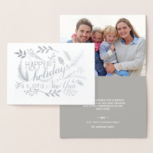 Happy Holidays Botanical Branches Word Art Silver Foil Card