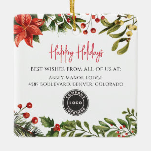 Happy Holidays Botanical Business Logo Christmas Ceramic Ornament