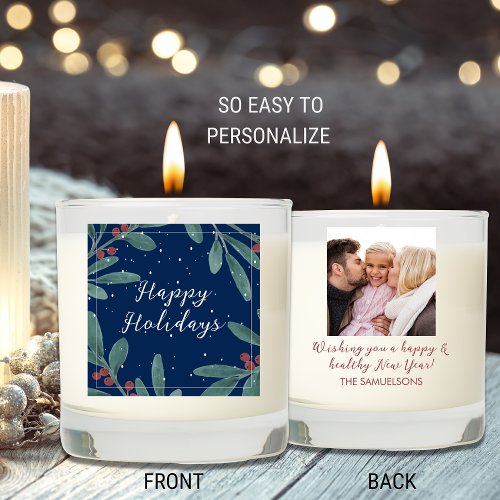 Happy Holidays Botanical Red Berries Custom Photo Scented Candle