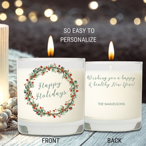 Happy Holidays Botanical Wreath Personalized Text Scented Candle