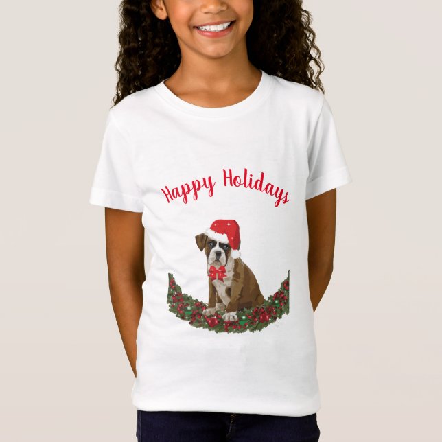 Happy Holidays Boxer Dog Santa Hat Cute T-Shirt (Front)
