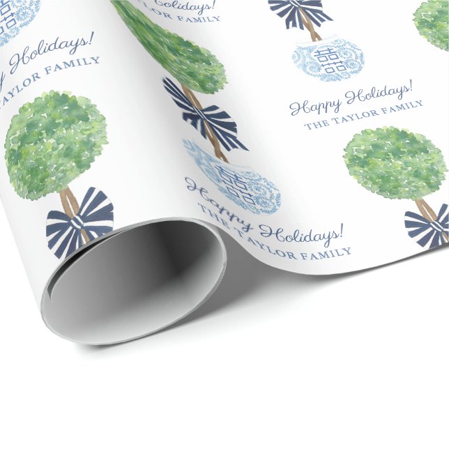 Happy Holidays Boxwood Ginger Jar Blue White Bow Wrapping Paper (Roll Corner)