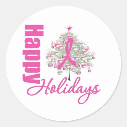 Happy Holidays Breast Cancer Pink Ribbon Classic Round Sticker