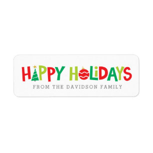 Happy holidays bright colorful illustrated label