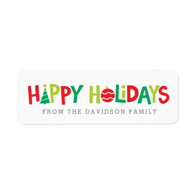 Happy holidays bright colorful illustrated label (Front)
