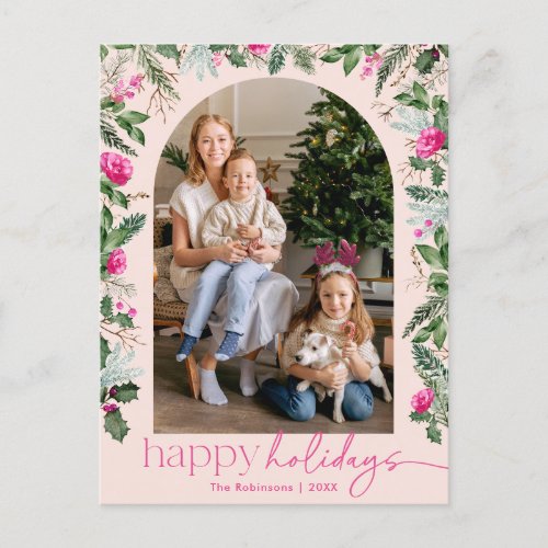 Happy Holidays Bright Pink Greenery Arch Photo Postcard