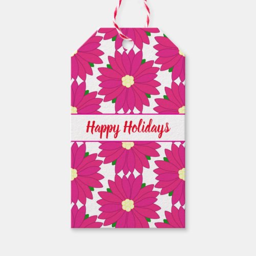 Happy Holidays Bright Pink Poinsettia Print Gift Tags