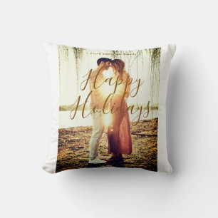 Happy holidays brown add couple photo name date mo throw pillow