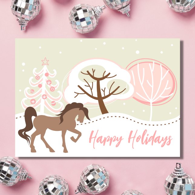 Happy Holidays Brown Horse Pink Winter Christmas Holiday Card (Creator Uploaded)