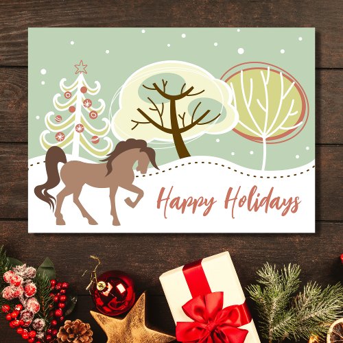 Happy Holidays Brown Horse Snowy Winter Christmas Holiday Card