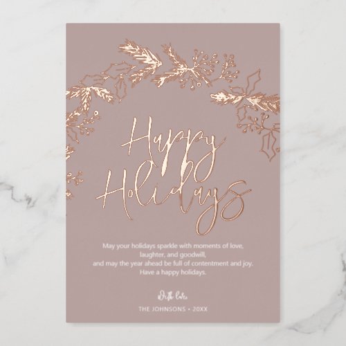 Happy Holidays Brush Script Berry Leaves Blush Foil Holiday Card