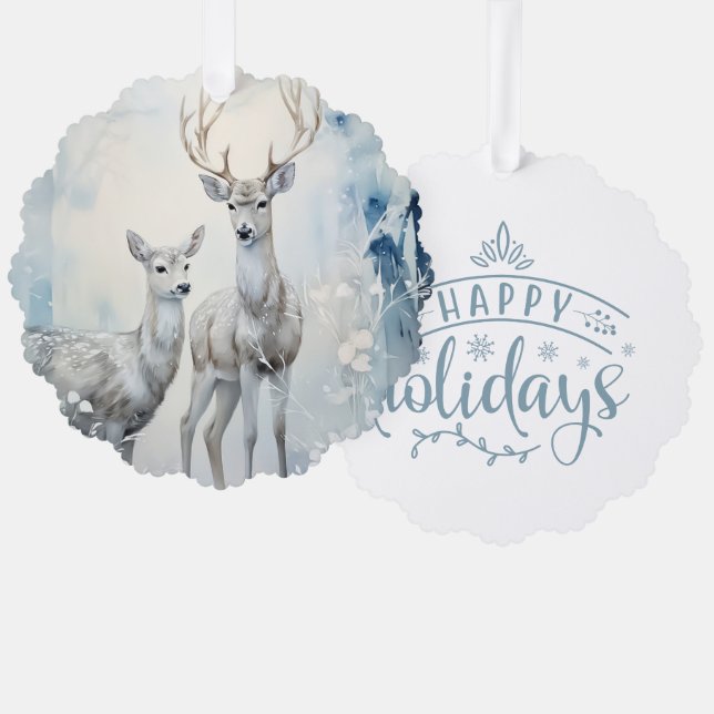 Happy Holidays Buck and Doe Ornament Card (Front/Back)