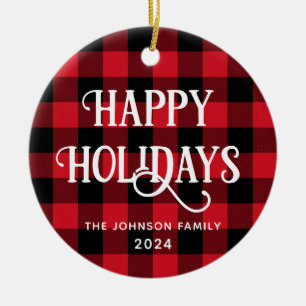 Happy Holidays Buffalo Check Family Photo Ceramic Ornament