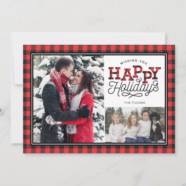 HAPPY Holidays Buffalo Plaid Border 2-Photo Holiday Card (Front)