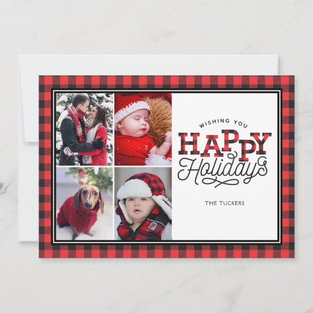 HAPPY Holidays Buffalo Plaid Border 4-Photo Card (Front)