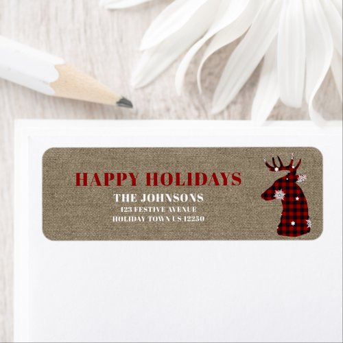 Happy Holidays Buffalo Plaid Deer Return Address Label