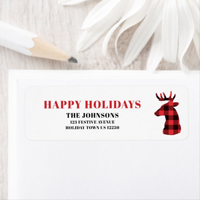 Happy Holidays Buffalo Plaid Deer Return Address Label (Insitu)