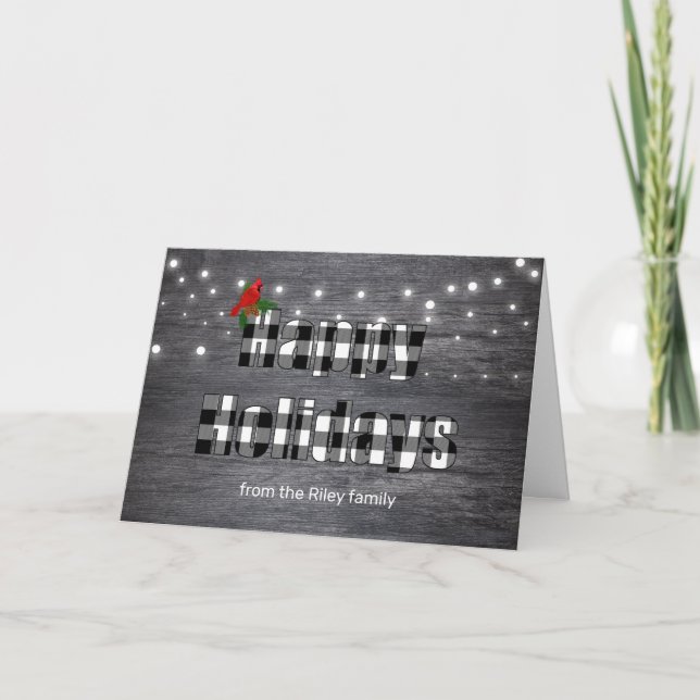 Happy Holidays buffalo plaid on gray wood Card (Front)
