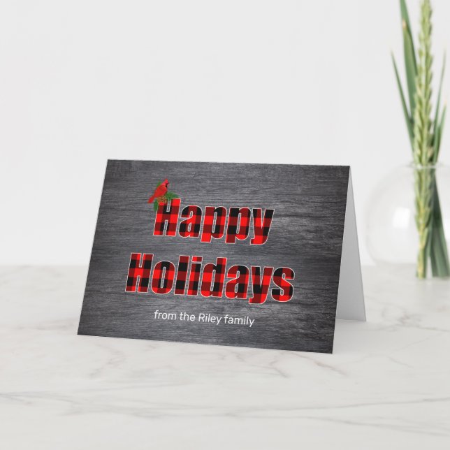 Happy Holidays buffalo plaid on gray wood Card (Front)