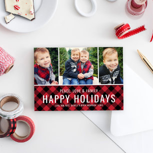 Happy Holidays Buffalo Plaid Photo Collage Holiday Card