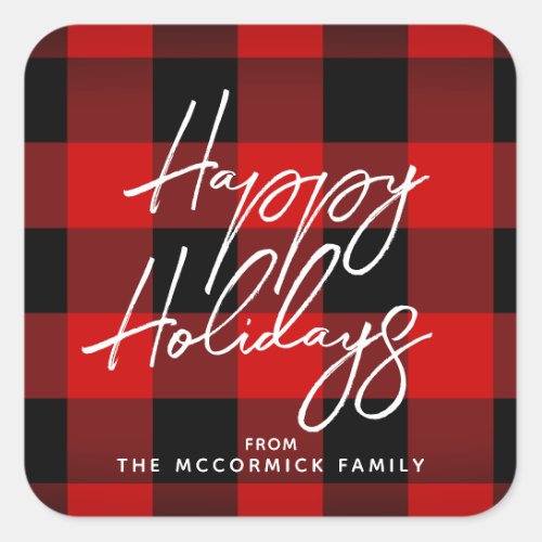 Happy Holidays Buffalo Plaid Red Black Script Square Sticker