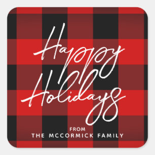 Happy Holidays Buffalo Plaid Red Black Script Square Sticker