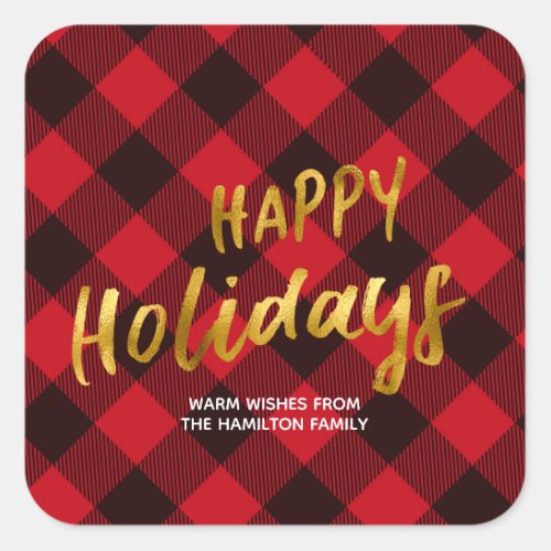 Happy Holidays Buffalo Red Plaid and Gold Foil Square Sticker