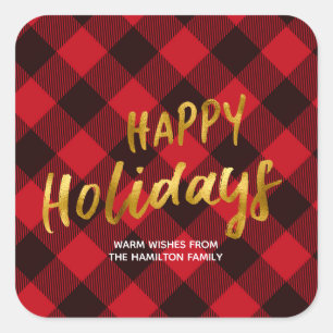 Happy Holidays Buffalo Red Plaid and Gold Foil Square Sticker