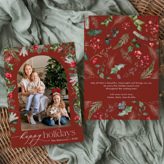 Happy Holidays Burgundy Red Winter Botanical Arch Holiday Card (Creator Uploaded)
