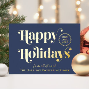 Happy Holidays Business Logo Blue Christmas Foil Holiday Card