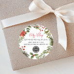 Happy Holidays Business Logo Christmas Classic Round Sticker<br><div class="desc">Elevate your holiday greetings with our Christmas sticker, a festive masterpiece that seamlessly blends professional branding and seasonal charm. Featuring your unique business logo nestled among rich red berries and lush greenery, this custom sticker is adorned with elegant script typography spelling out "Happy Holidays" in a sophisticated, handcrafted style. Perfect...</div>