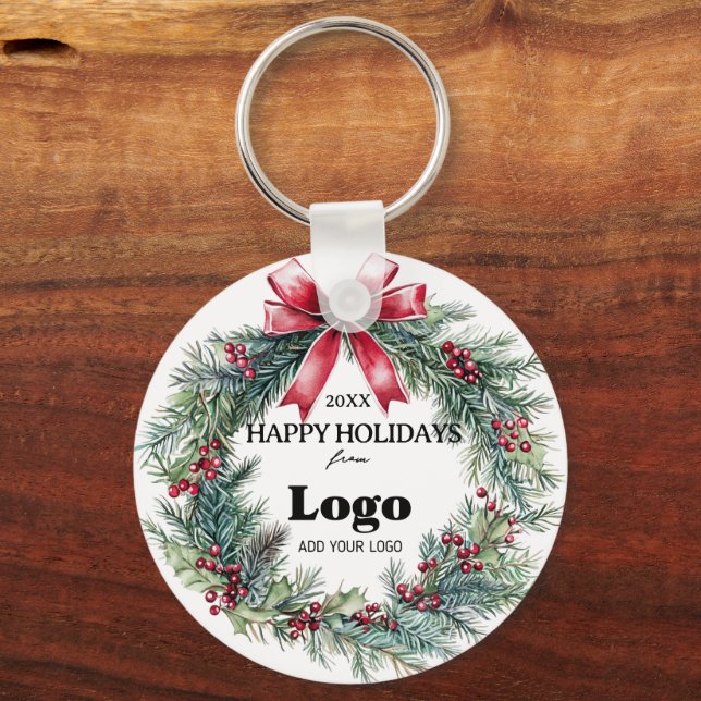Happy Holidays Business Logo Gift for Clients Keychain (Front)