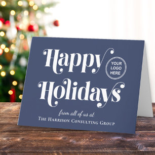 Happy Holidays Business Logo QR Code Blue Holiday Card