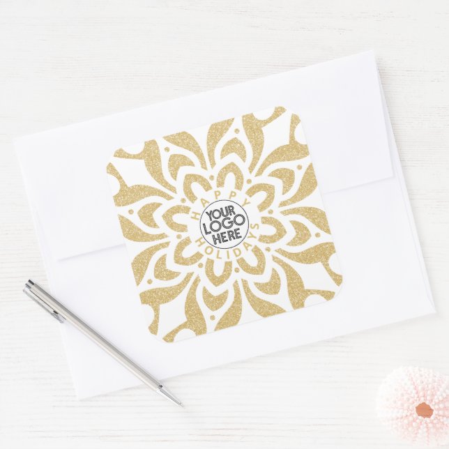 Happy Holidays Business Logo Snowflake Gold  Square Sticker (Envelope)