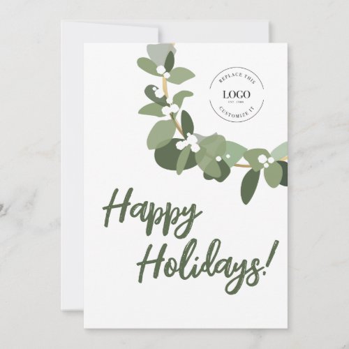 Happy Holidays Business logo Wreath Green White Holiday Card