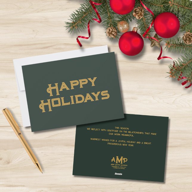 Happy Holidays Business Monogram | Green and Gold Holiday Card (Creator Uploaded)