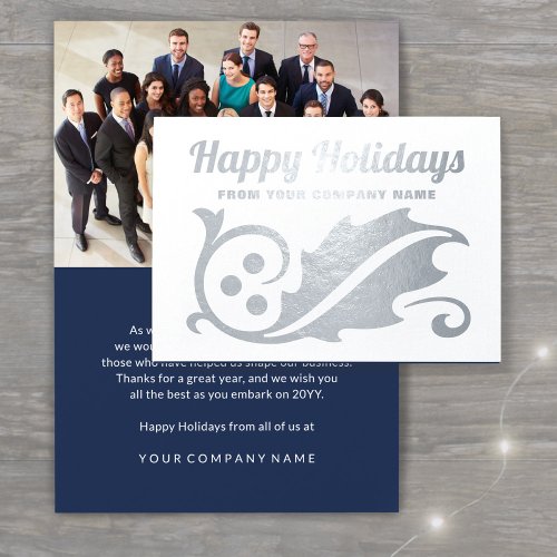 Happy Holidays Business Name Retro Holly Branch Foil Card