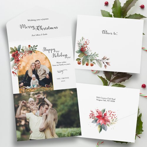 Happy Holidays Calligraphy Arch Floral Photo All In One Invitation