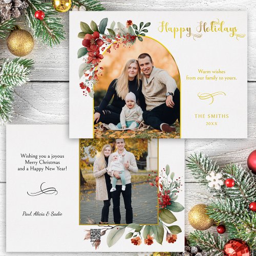 Happy Holidays Calligraphy Arch Floral Photo Foil Holiday Card