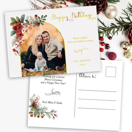 Happy Holidays Calligraphy Arch Floral Photo Foil Holiday Postcard