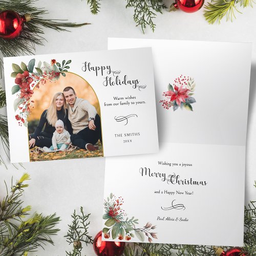 Happy Holidays Calligraphy Arch Floral Photo Holiday Card