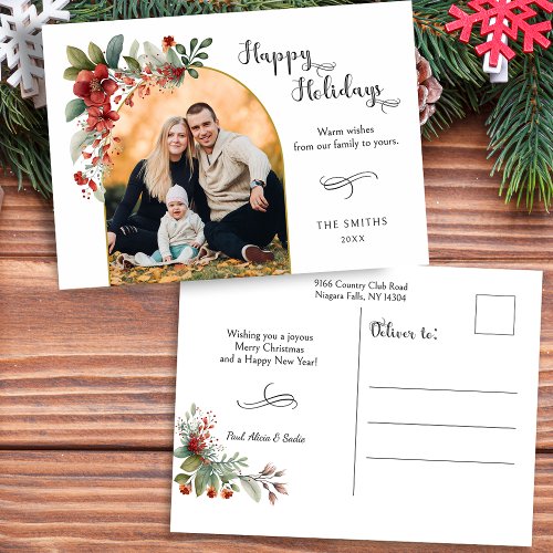 Happy Holidays Calligraphy Arch Floral Photo Holiday Postcard