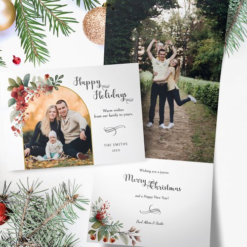 Happy Holidays Calligraphy Arch Floral Photo Tri_Fold Holiday Card