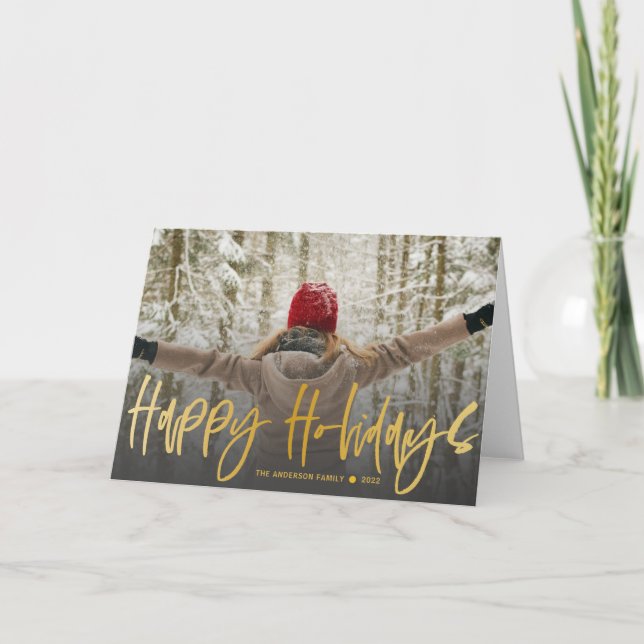  Happy Holidays Calligraphy Gold Photo Christmas Invitation (Front)