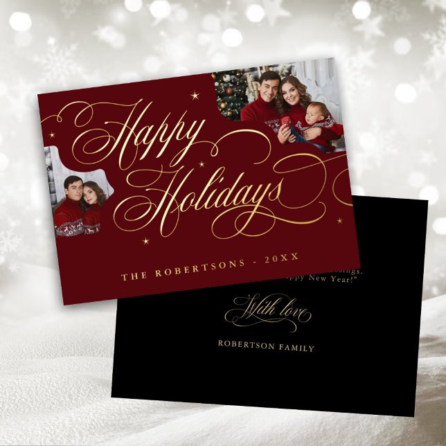 Happy Holidays Calligraphy Photo Family Name card (gold calligraphy happy holiday invite)