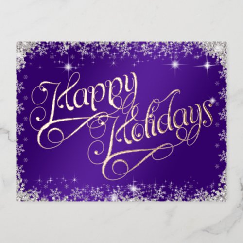 Happy Holidays Calligraphy Purple and Diamonds Foil Holiday Postcard