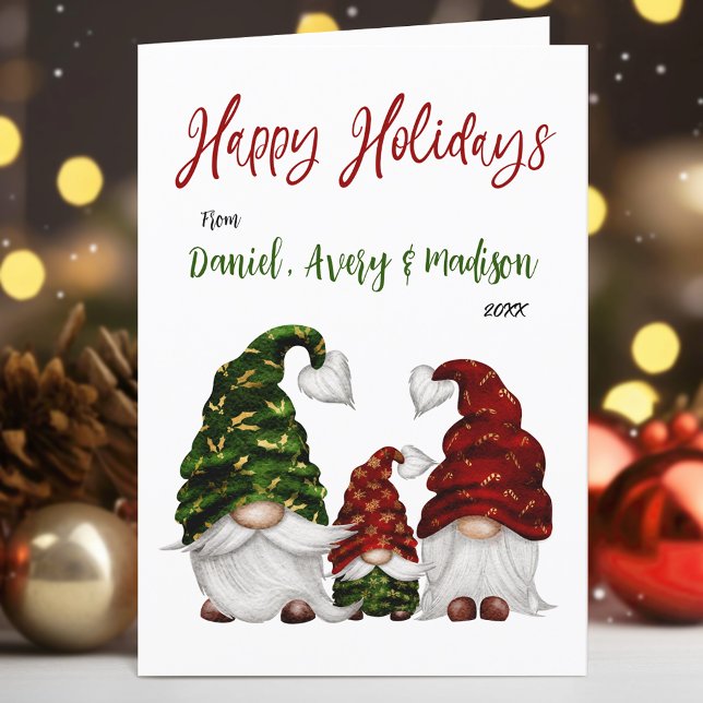 Happy Holidays Calligraphy Rustic Gnome Family Holiday Card (Available in high quality print or digital download for quick text messaging, email or self print.)